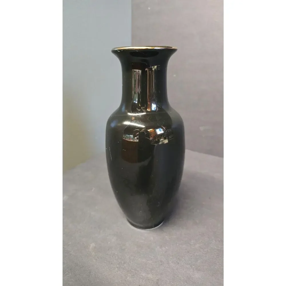 Vintage Fine China Floral Butterfly Vase Black Porcelain Japan Copper Gold Tone